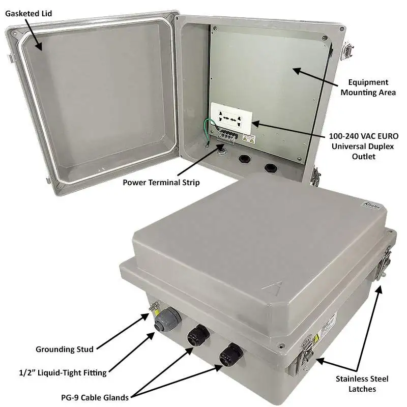 Altelix NF141208AU - 14x12x8 Fiberglass Weatherproof NEMA Enclosure with 100-240 VAC Universal Power Outlet