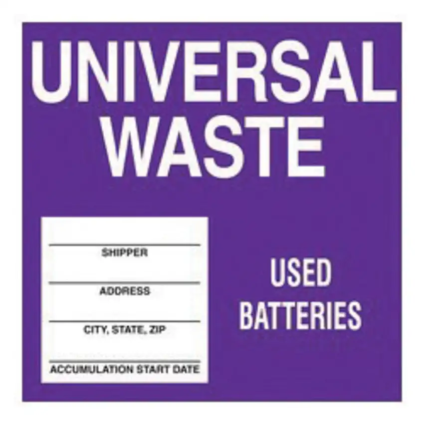 AccuformNMC 6"" X 6"" Black/Purple/White Poly Drum And Container Identification Label ""UNIVERSAL WASTE USED BATTERIES SHIPPER___ADDRESS___CITY, STATE, ZIP___ACCUMULATION START DATE___""