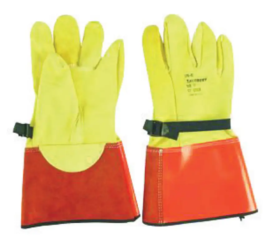 SALISBURY By PIP Size 8 12 Yellow 13 LP Series Top Grain Cowhide High Voltage Linesmens Glove Protector With Straight Cuff Leather On Palm Side Orange Vinyl On Back And Adjustable Straps With NonMetallic Buckles