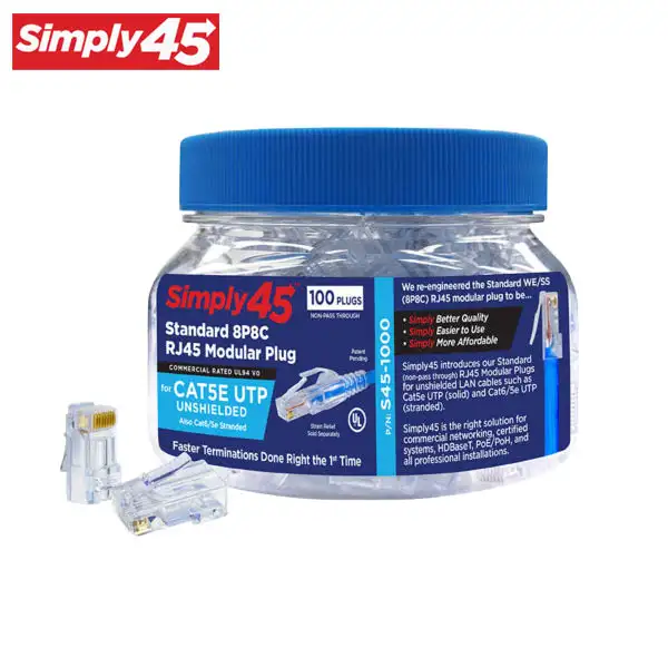 Simply45 - S45-1000 - Unshielded - Standard WE/SS (8P8C) RJ45 Modular Plugs - Blue Tint - Commercial Rated - for Cat5e UTP Solid / Cat5e/6 UTP Stranded - Jar of 100