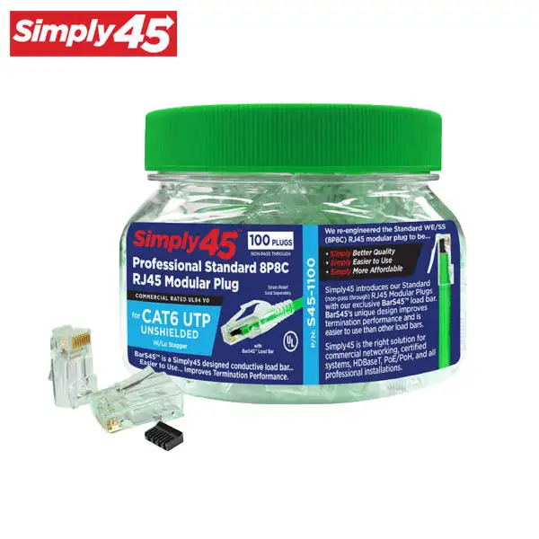 Simply45 - S45-1100 - Unshielded - Standard WE/SS (8P8C) RJ45 Modular Plugs - Green Tint - Commercial Rated - w/ Bar45 Load Bar - for Cat6/6a UTP - Jar of 100