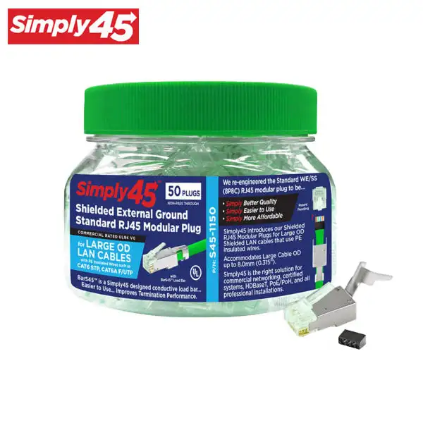 Simply45 - S45-1150 - Shielded - External Ground Standard WE/SS (8P8C) RJ45 Modular Plugs - Green Tint - Commercial Rated - w/ Bar45 Load Bar - for Large OD Cat6 STP / Cat6A F/UTP - Jar of 50