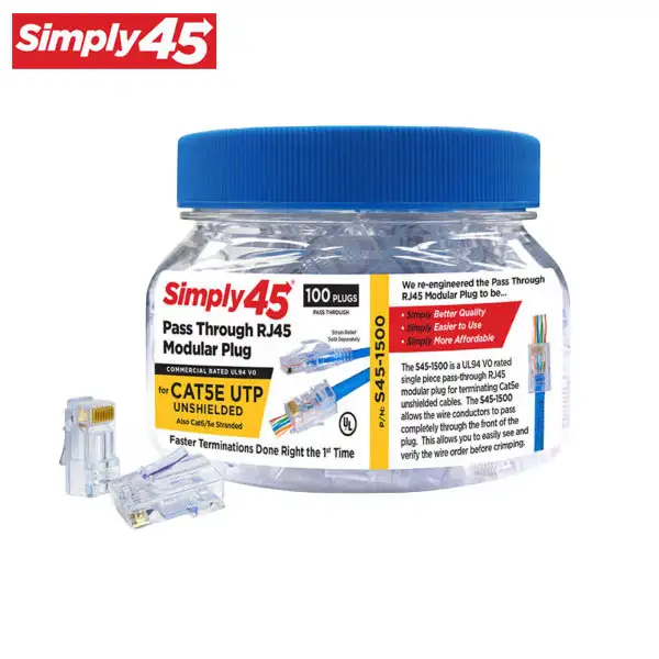 Simply45 - S45-1500 - Unshielded - Pass-Through RJ45 Modular Plugs - Blue Tint - Commercial Rated - for Cat5e UTP Solid / Cat5e/6 Stranded - Jar of 100