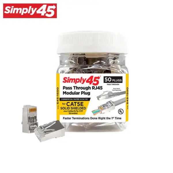 Simply45 - S45-1550 - Shielded - Internal Ground Pass-Through RJ45 Modular Plugs - Blue Tint - Commercial Rated - for Cat5e STP Solid / Cat5e/6/6a STP Stranded - Jar of 50
