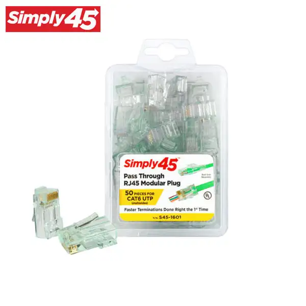 Simply45 - S45-1601 - Unshielded - Pass-Through RJ45 Modular Plugs - Green Tint - Commercial Rated - for Cat6 UTP Solid / Cat5e/6 UTP Stranded - Clamshell of 50