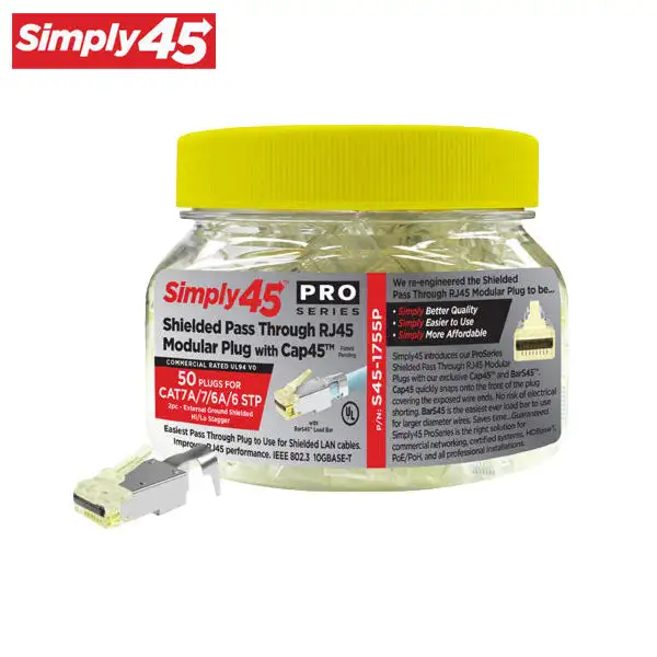 Simply45 - S45-1755P - ProSeries - Shielded - External Ground Pass-Through RJ45 Modular Plugs - Yellow Tint - Commercial Rated - w/ Bar45 + Cap45 - for Cat7a/7/6a/6 STP Solid - Jar of 50