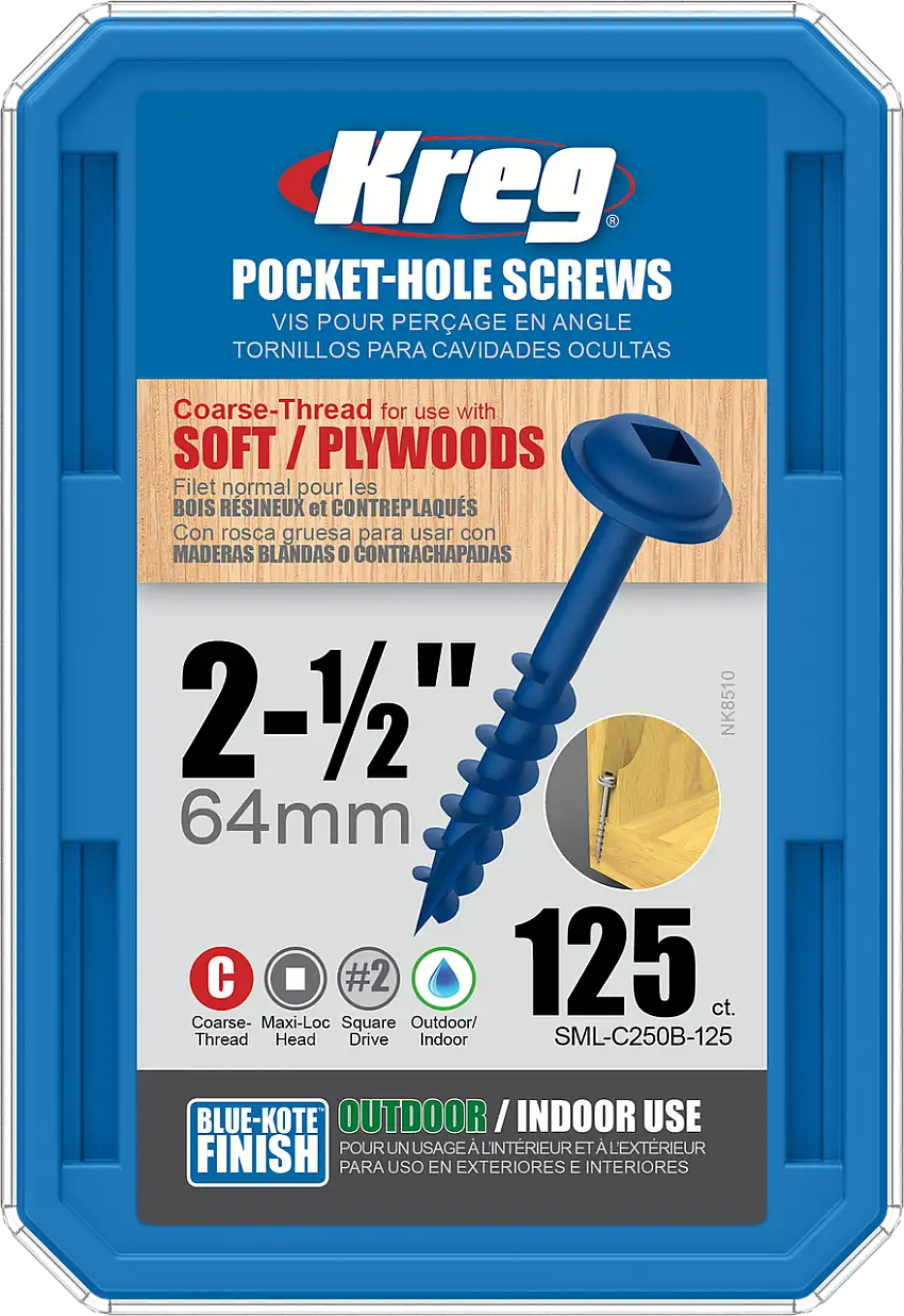 Kreg Blue-Kote WR Pocket Screws 2-1/2", #8 Coarse, Washer Head 125 Count (SML-C250B-125)