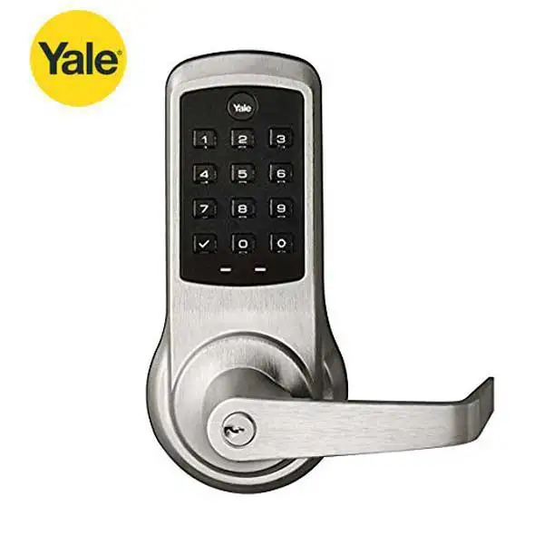 YALE - ﻿NexTouch - Commercial Electronic Keypad Lever Lock - Augusta Lever - Pushbutton w/ Key Override - 2-3/4" Backset - Schlage 'C' Keyway - Satin Chrome - Grade 1