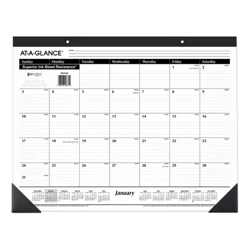 AT-A-GLANCE 12 Month: Jan 2026 to Dec 2026 22 in. x 17 in. Ruled Desk Pad - White Sheets, Black Binding/Black Corners