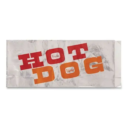 Bagcraft 300455 "Hot Dog" Label 3.5 in. x 8.5 in. Foil Single-Serve Bags - Silver (1000/Carton)