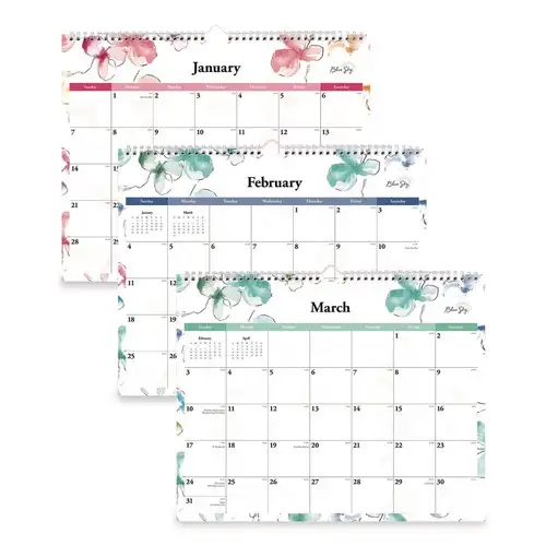 Blue Sky 15 in. x 12 in. 12-Month (Jan to Dec): 2026 Lindley Monthly Wall Calendar - Floral Artwork, White/Pink/Red Sheets