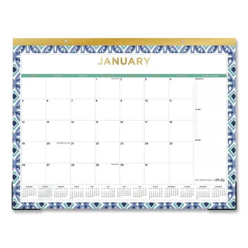 Blue Sky 22 in. x 17 in. 12-Month (Jan to Dec): 2026 Tile Monthly Desk Pad Calendar - Geometric Artwork, White/Blue/Green Sheets