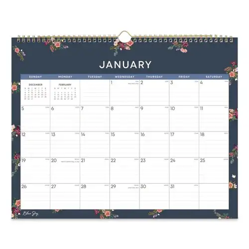 Blue Sky 15 in. x 12 in. 12-Month (Jan to Dec): 2026 Ashlyn Monthly Wall Calendar - Floral Artwork, White/Blue/Pink Sheets