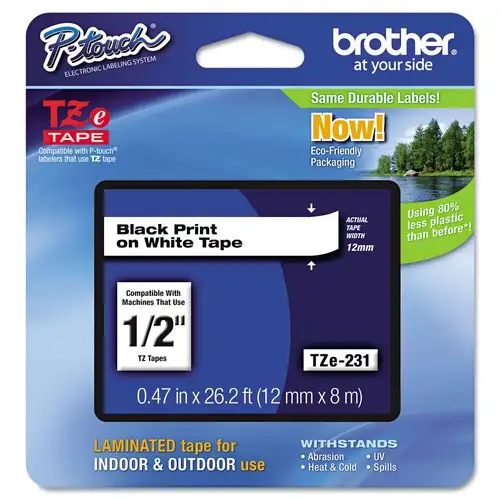 Brother P-Touch 0.47 in. x 26.2 ft. TZE Standard Adhesive Laminated Labeling Tape - Black on White