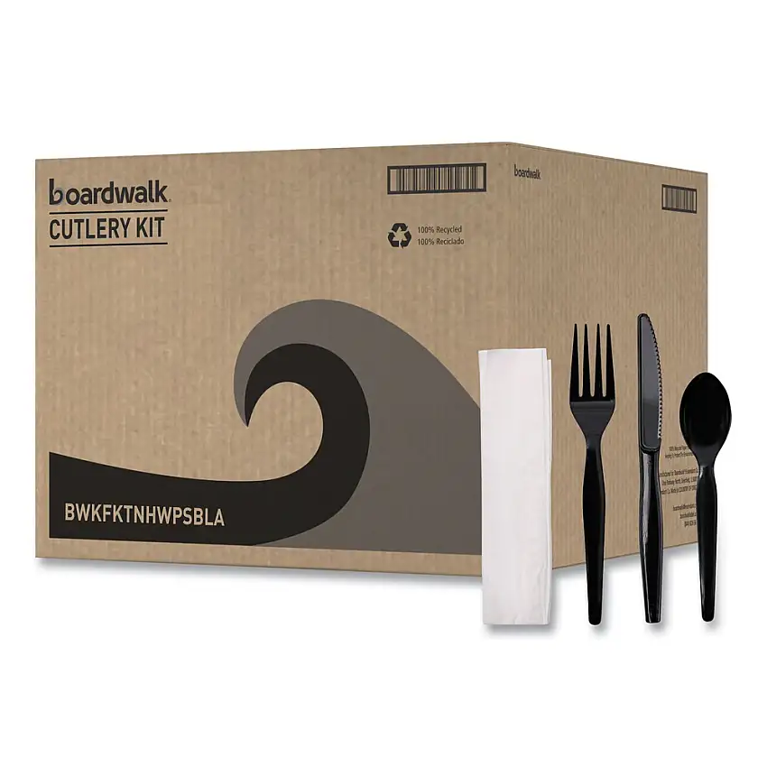 Boardwalk Heavyweight Fork/Knife/Napkin/Teaspoon 4-Piece Plastic Cutlery Kit - Black (250/Carton) - BWKFKTNHWPSBLA