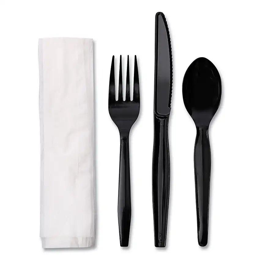 Boardwalk Mediumweight Fork/Knife/Napkin/Spoon 4-Piece Plastic Cutlery Kit - Black (250/Carton) - BWKFKTNMWPSBLA