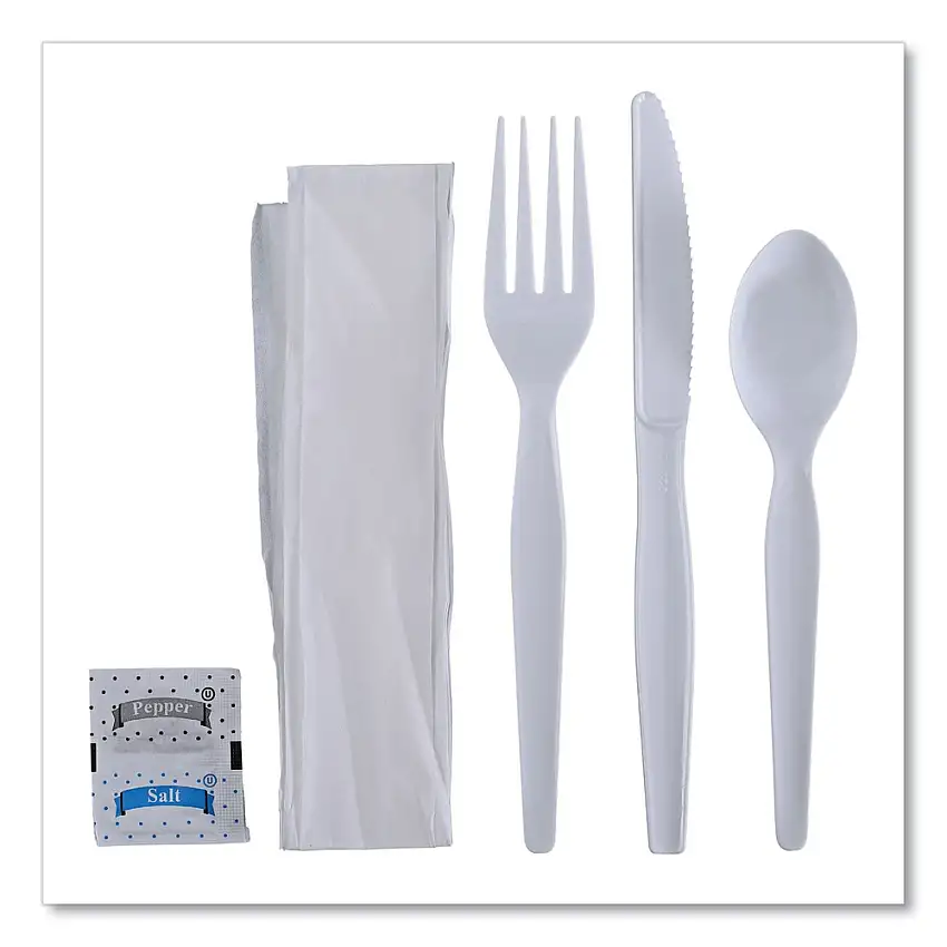 Boardwalk Heavyweight Fork/Knife/Napkin/Pepper/Salt/Spoon 6-Piece Plastic Cutlery Kit - White (250/Carton) - BWKFKTNSHWPSWH