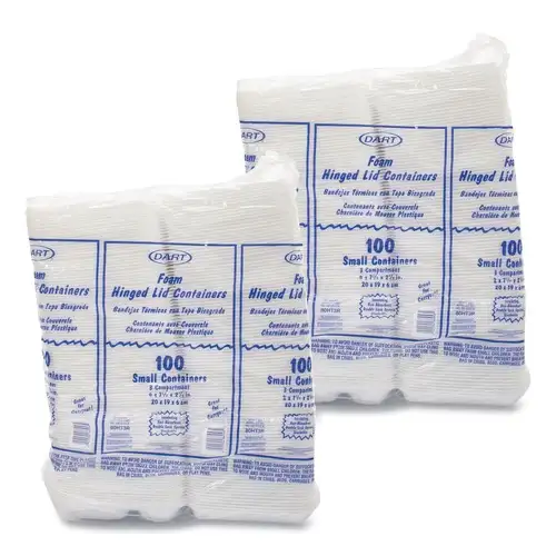 Dart 3-Compartment 7.5 in. x 8 in. x 2.3 in. Foam Hinged Lid Containers - White (200/Carton)