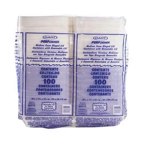 Dart 8.38 in. x 7.78 in. x 3.25 in. 1-Compartment Foam Hinged Lid Containers - White (200/Carton)