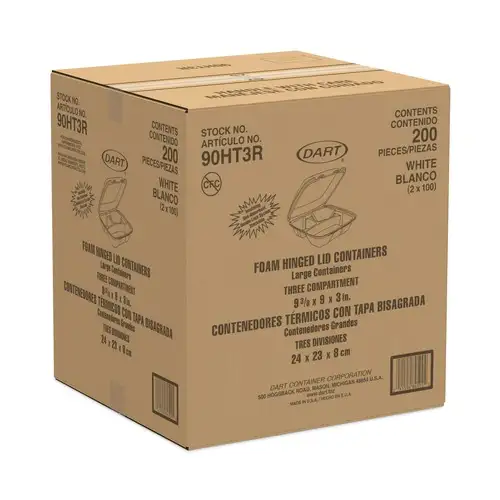Dart 9 in. x 9.4 in. x 3 in. 8 oz. 3-Compartment Foam Hinged Lid Container - White (200/Carton)