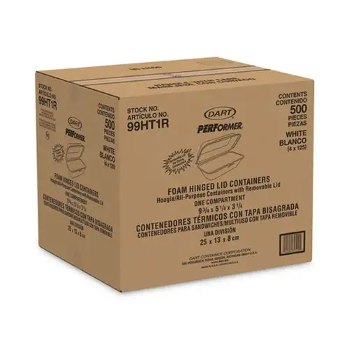 Dart 5.3 in. x 9.8 in. x 3.3 in. Foam Hinged Lid Hoagie Container with Removable Lid - White (500/Carton)