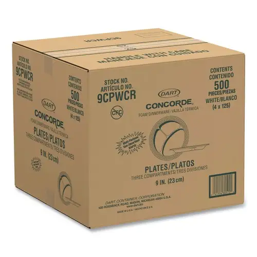 Dart 9 in. 3-Compartment Concorde Foam Plate - White (4 Packs/Carton)