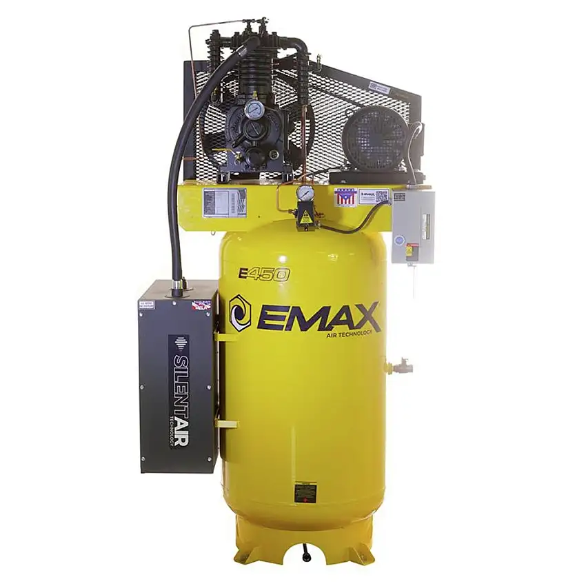 EMAX 5 HP 80 Gallon 2-Stage 3-Phase Industrial Inline Pressure Lubricated Solid Cast Iron Pump 19 CFM at 100 PSI Plus SILENT Air Compressor - ESP05V080I3