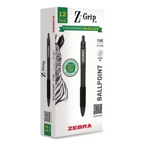 Zebra Z-Grip Medium 0.7 mm Recycled Retractable Ballpoint Pen - Black Ink/Black Barrel (1-Dozen)