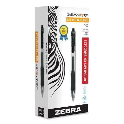 Zebra Medium 0.7 mm Sarasa Dry Gel X20 Retractable Gel Pen - Black Ink, Clear/Black Barrel (1 Dozen)